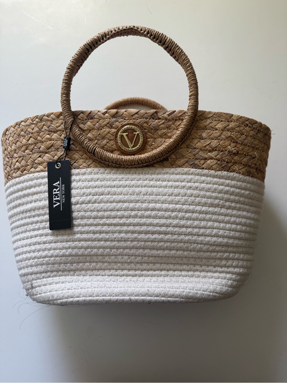 Natural Straw & White Rope Tote Bag